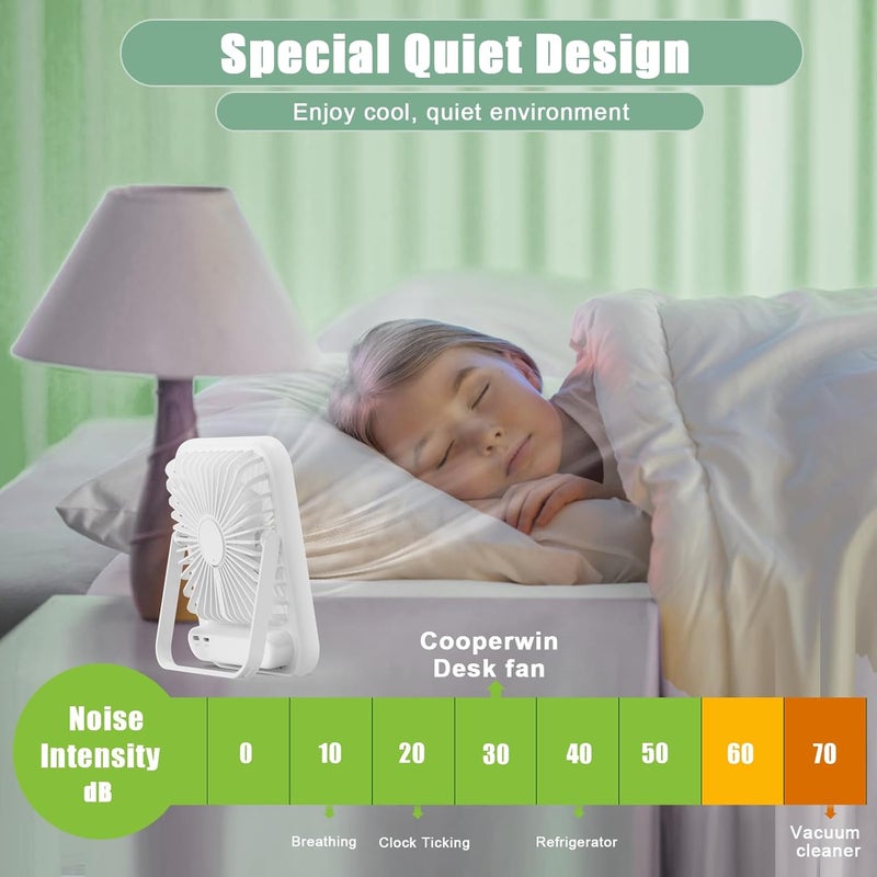 COOPERWIN Travel Fan for Sleeping, 6.8" Small Portable Fan Rechargeable Battery Powered, 100 Speeds Personal Mini Desk Fan for Office Bedroom, Cruise Ship Beach Vocation Travel Essentials, White - Image 3
